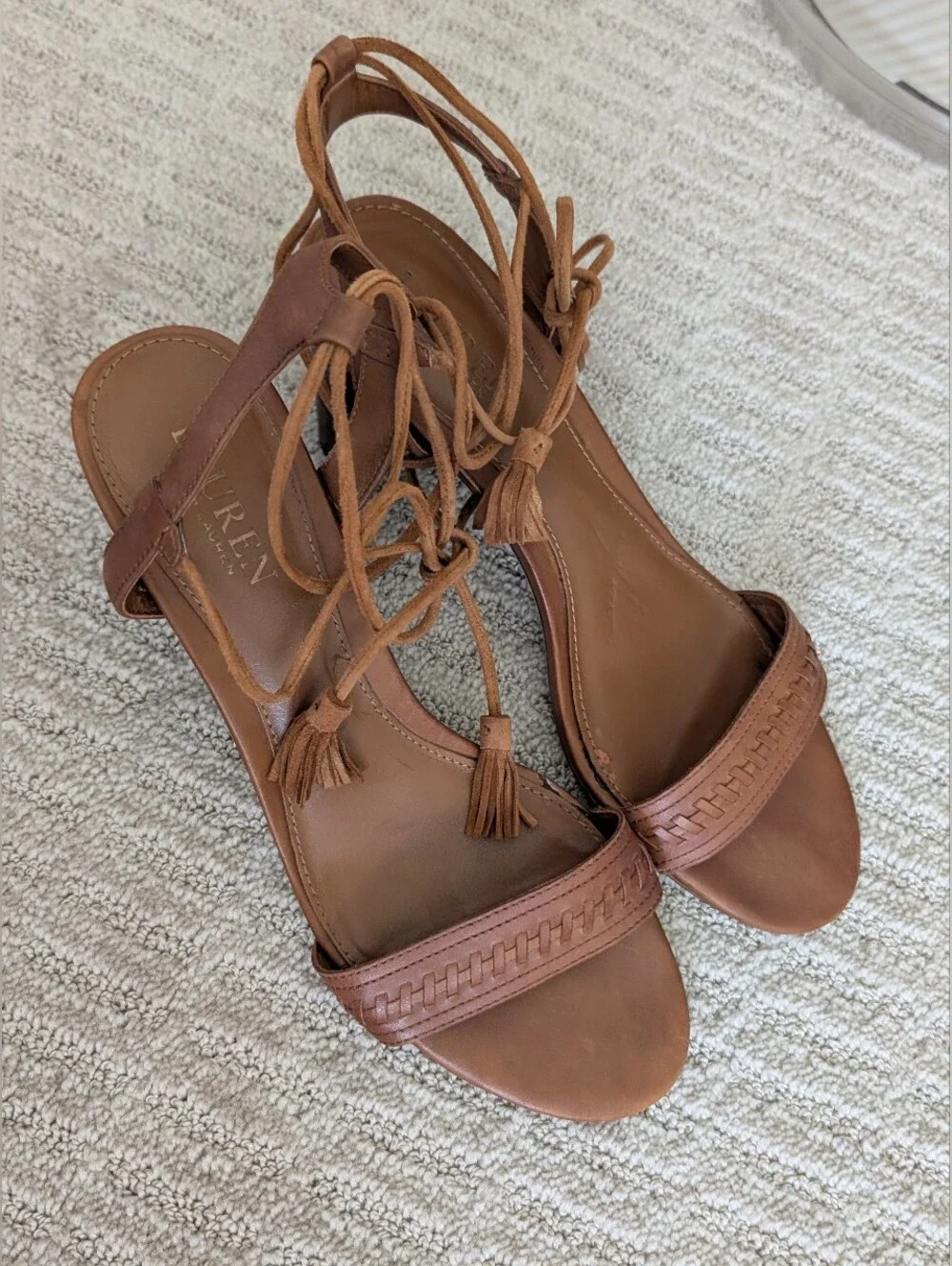 Ralph Lauren Cognac Leather Ankle-Tie Block Heel Sandals 9.5